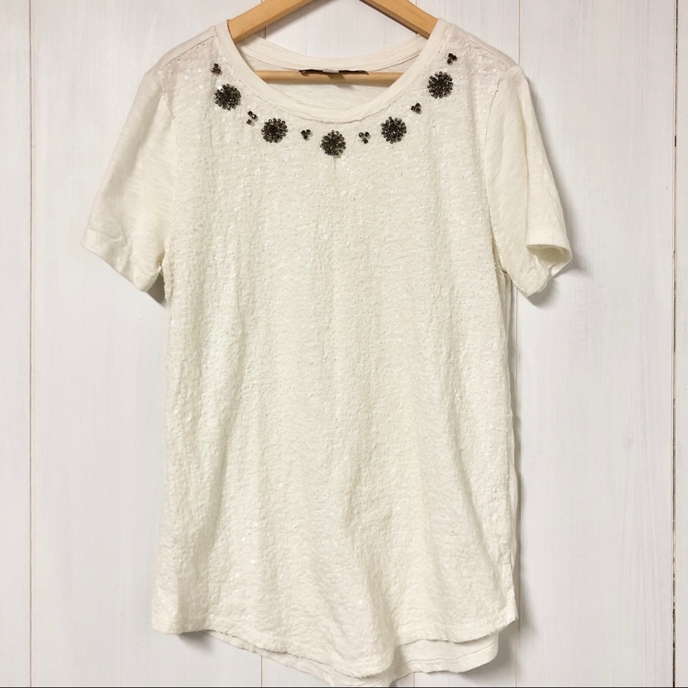 LOFT White Sequin T Shirt w Embellishments